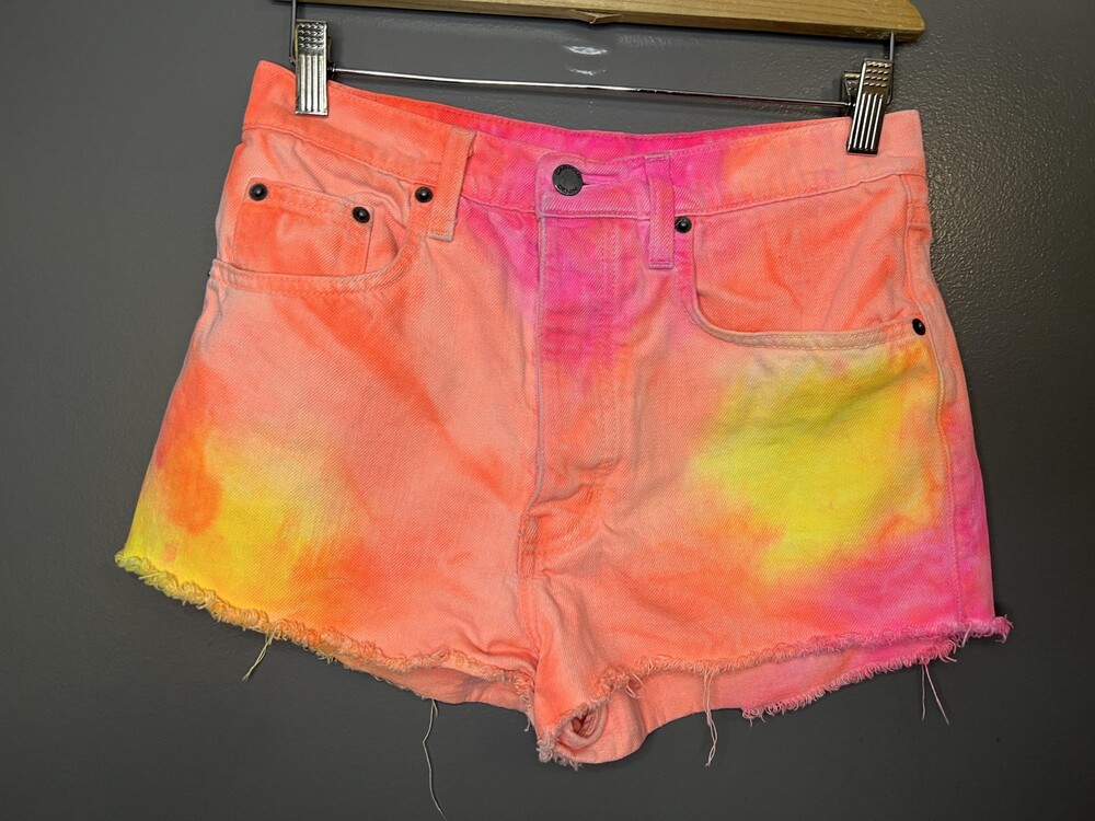 Carmar Shorts Womens 26 Multicolor Tie Dye Denim Cutoff Raw Hem Fringe Summer